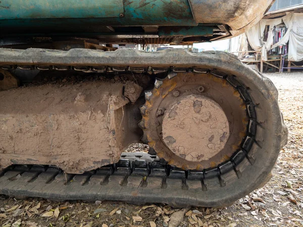 Closeup Dirty Crawler Dry Mud Paddy Field Excavator Working Adjust — Stock Photo, Image