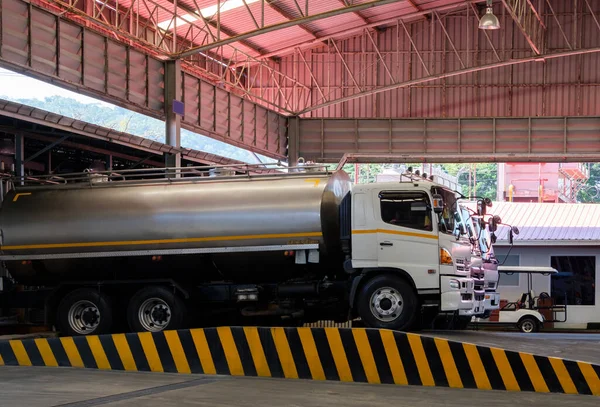 Los Tanques Leche Están Cargando Leche Los Tanques Almacenamiento Para — Foto de Stock