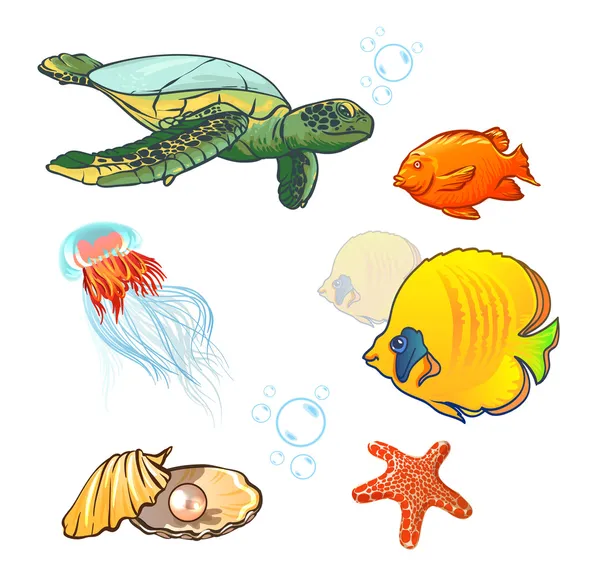 Ilustração vetorial. mundo subaquático com animais marinhos. ilustração vetorial. mundo subaquático com animais marinhos. peixe, concha, água-viva —  Vetores de Stock