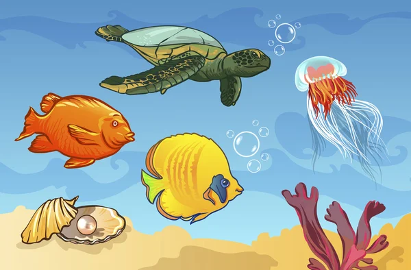 Ilustración vectorial. mundo submarino con animales marinos. ilustración vectorial. mundo submarino con animales marinos. pescado, concha, medusas — Archivo Imágenes Vectoriales