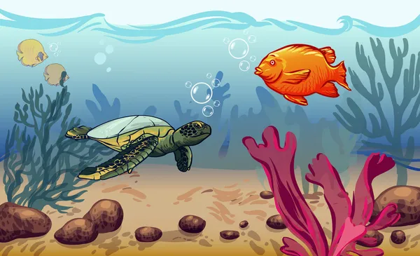 Ilustração vetorial. mundo subaquático com animais marinhos. ilustração vetorial. mundo subaquático com animais marinhos. peixe, concha, água-viva —  Vetores de Stock
