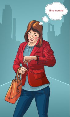genç iş kadını saat bakarak şehir merkezinde. gi