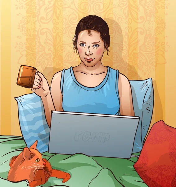 Mooi meisje op het bed. laptop en een kopje koffie. ochtend controleren van e-mail. rode kat liggend op het bed — Stockvector