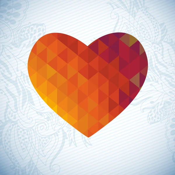 Abstrato efeito óptico colorido forma de coração poligonal. Triângulo e padrões florais — Vetor de Stock
