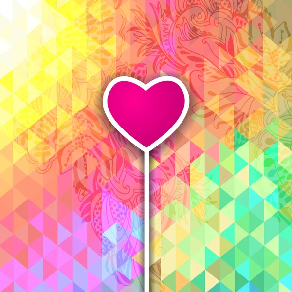 Abstracto efecto óptico colorido forma de corazón poligonal. Triángulo y patrones florales — Vector de stock