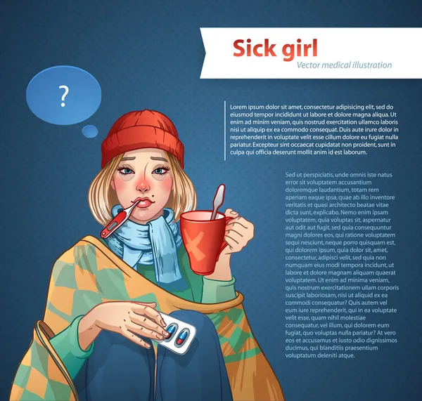 Νεαρή κοπέλα, που πάσχουν από γρίπη, πονόλαιμος, ή οποιοδήποτε άλλο ιό κρύο. — Διανυσματικό Αρχείο
