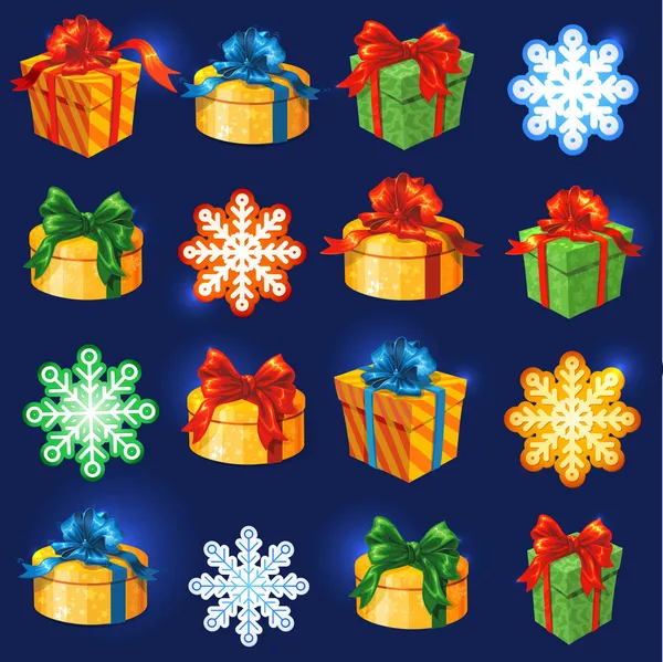 Vector gift box set with bows and ribbons. Snowflakes and stars — Stock Vector