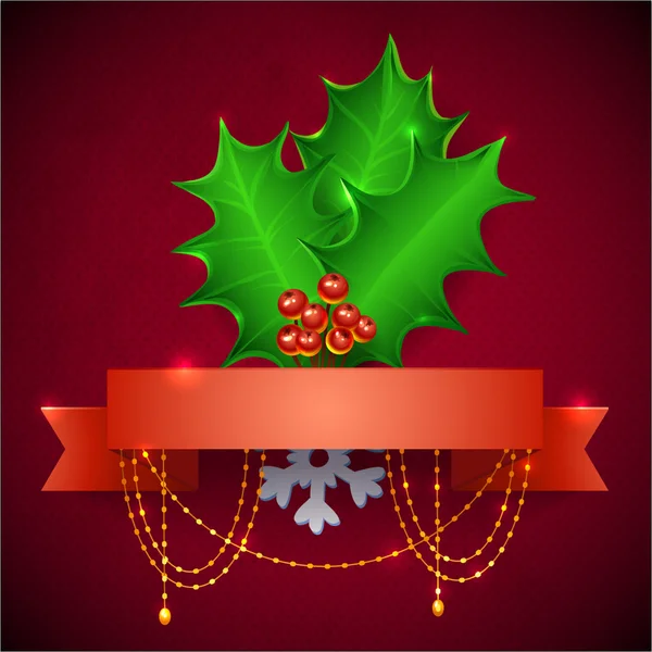 Noël Holly Berry avec maille dégradée, illustration vectorielle. fond de gui de Noël. Vieux papier avec rubans rouges et guirlande d'or — Image vectorielle
