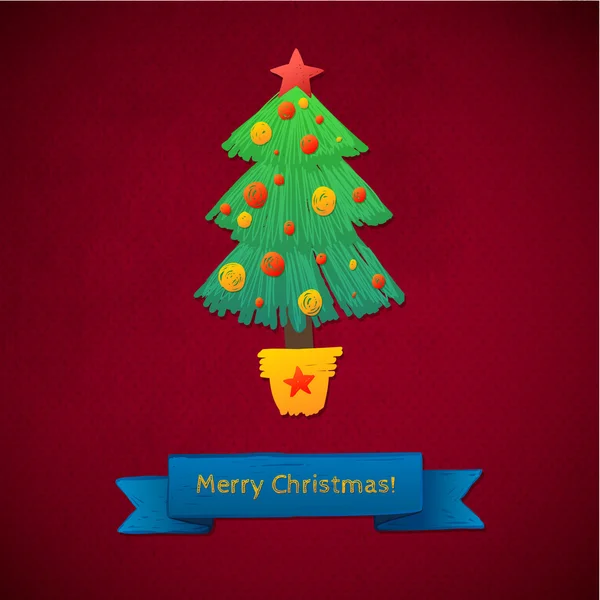Weihnachtsbaum-Grußkarte. Kreativer fröhlicher Weihnachtsbaum aus Pinselstrich. Vektorillustration. Vektor Illustration Folge 10. altes Papier mit Schleife — Stockvektor