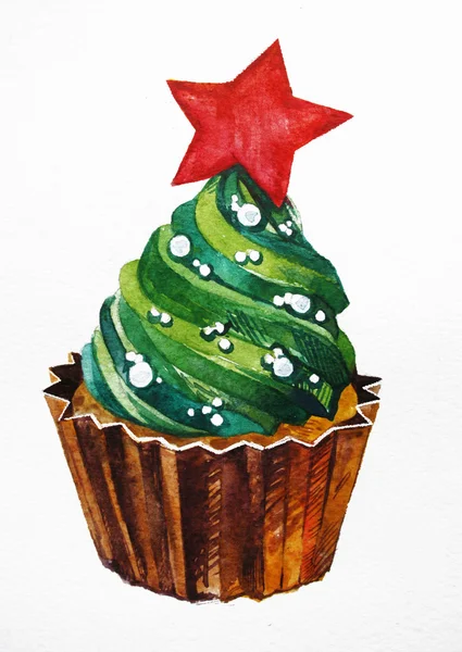 Christmas cupcake with holly berry Watercolor illustration. Traditional yummy Christmas dessert. Christmas vintage retro food — Stock fotografie