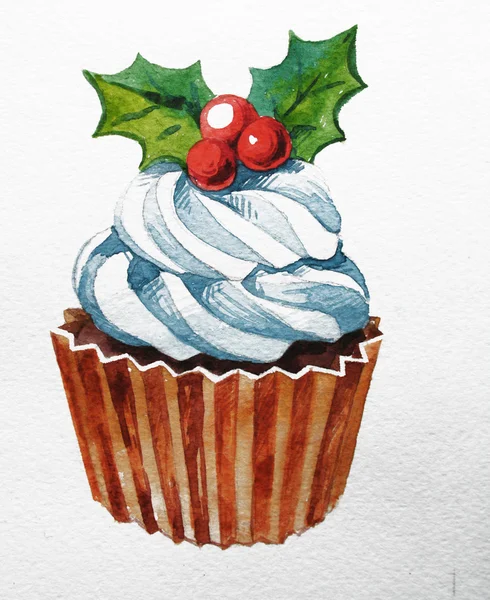 Christmas cupcake with holly berry. Raster Watercolor illustration. Traditional yummy Christmas dessert. Christmas vintage retro food