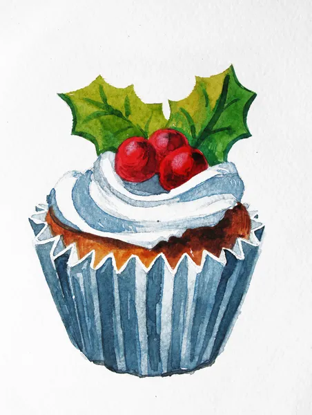 Christmas cupcake with holly berry Watercolor illustration. Traditional yummy Christmas dessert. Christmas vintage retro food — Stock Photo, Image