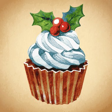 holly berry ile Noel keki. suluboya illüstrasyon vektör. geleneksel nefis Noel tatlısı. Noel retro vintage gıda