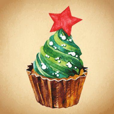 holly berry ile Noel keki. suluboya illüstrasyon vektör. geleneksel nefis Noel tatlısı. Noel retro vintage gıda