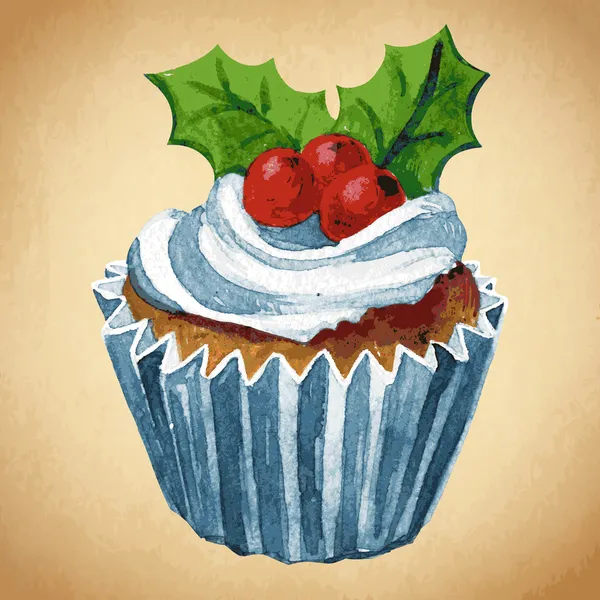 Christmas cupcake med holly bär. vektor akvarell illustration. traditionella Smaskiga jul efterrätt. vintage retro julmat — Stock vektor