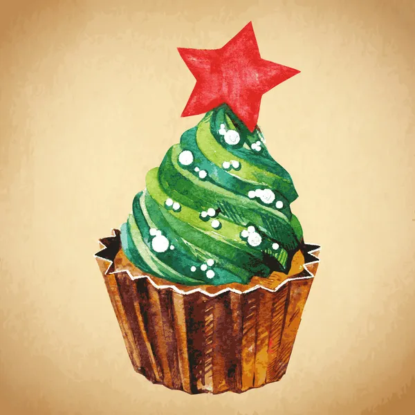 Cupcake di Natale con bacca di agrifoglio. Illustrazione acquerello vettoriale. Dolce di Natale gustoso tradizionale. Natale vintage cibo retrò — Vettoriale Stock