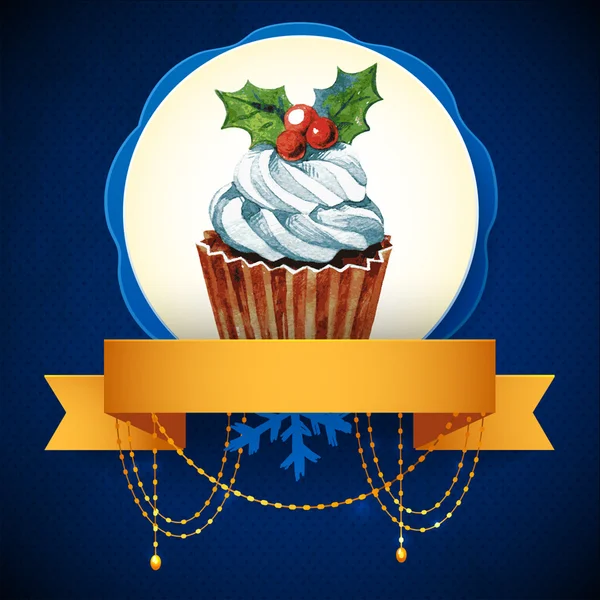 Cupcake à la baie de houx. Illustration vectorielle aquarelle. Dessert de Noël traditionnel délicieux . — Image vectorielle