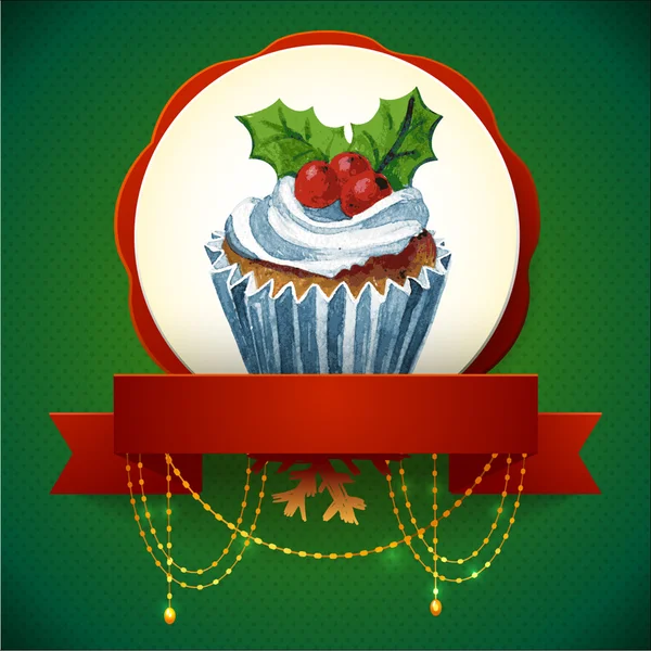 Cupcake with holly berry. Vector Watercolor illustration. Traditional yummy Christmas dessert. — Stock Vector