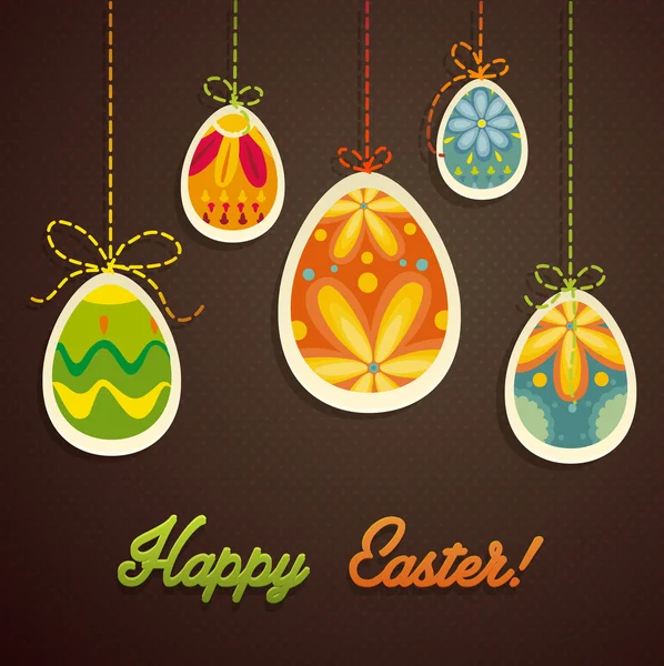 Plantilla de tarjeta de Pascua feliz, huevos de colores y patrón de lunares — Vector de stock