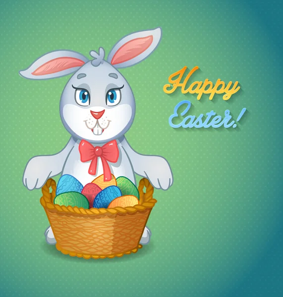 Easter bunny rabbit with Easter basket full of decorated Easter eggs. Cute mascot for greetind your children — Stock Vector