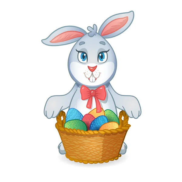 Conejo de Pascua con canasta de Pascua llena de huevos de Pascua decorados. Linda mascota para saludar a sus hijos — Vector de stock