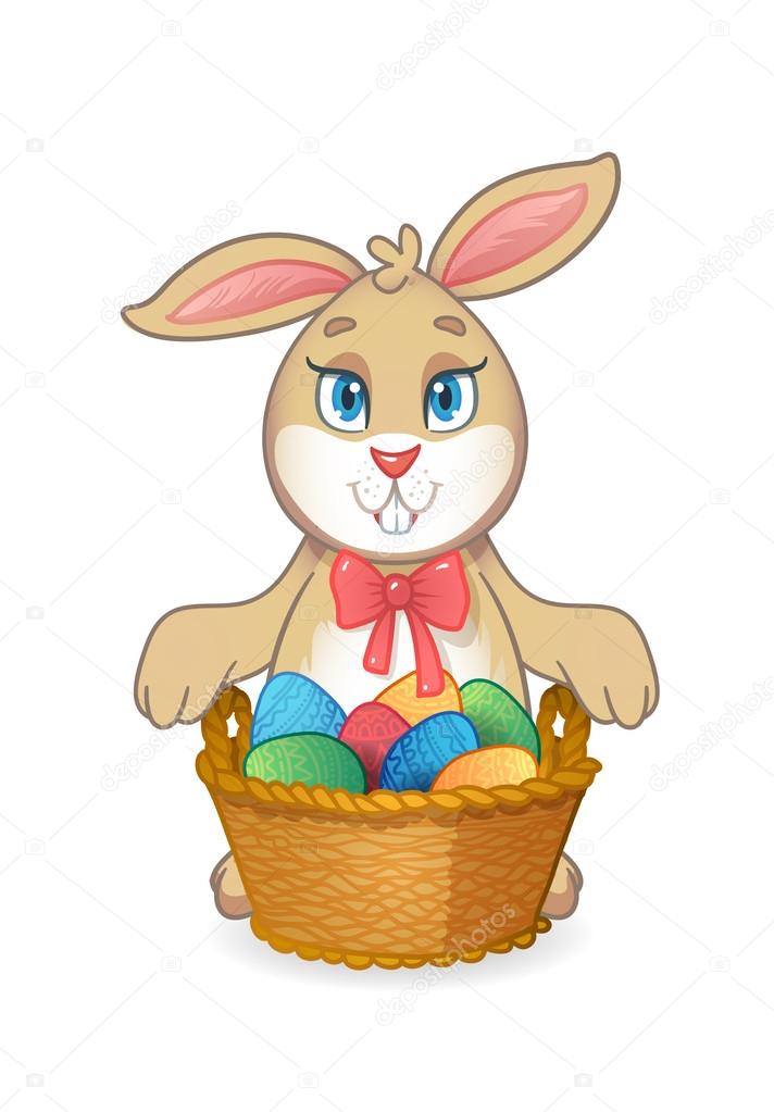Easter bunny rabbit with Easter basket full of decorated Easter eggs. Cute mascot for greetind your children