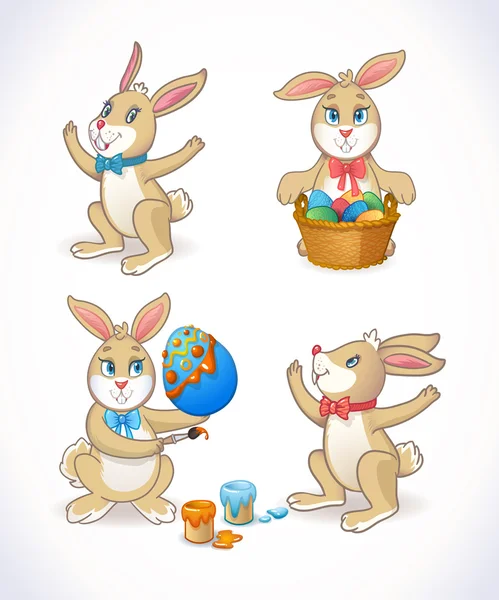 Happy Easter. Cute Easter bunny holds the basket with Easter eggs, celebrates Spring and Easter, decorates Easter Egg. Vector illustration set. — Stock Vector