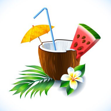 Coco coquetel com guarda-chuva e melancia.