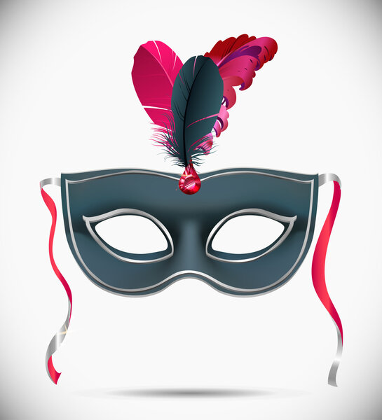 Black and silver carnival mask with feathers and ribbons, Masquerade party mask