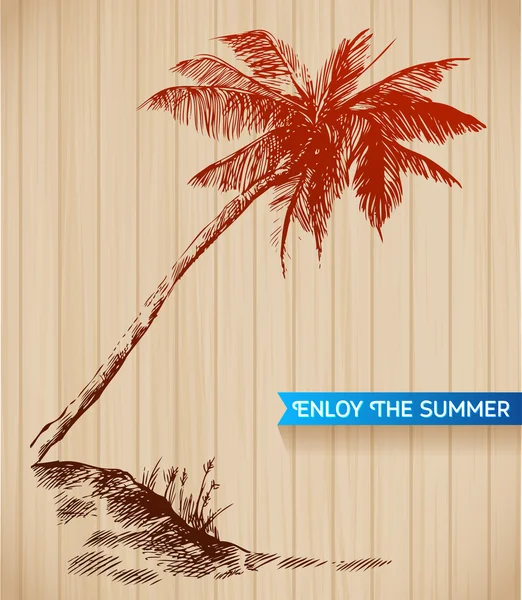 Esboço palmeira praia com fita sobre fundo de madeira —  Vetores de Stock