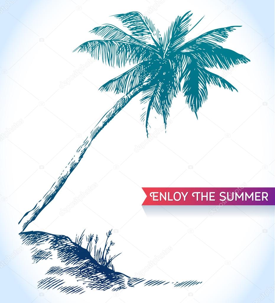 Vector sketch beach with palm tree and ribbon