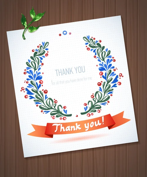 THANK YOU watercolor floral wreath with ribbon — Stock Vector