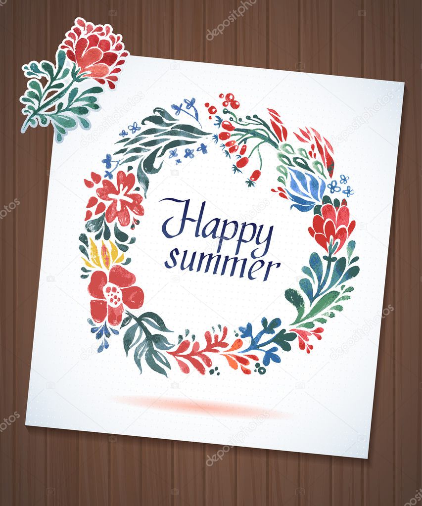 Happy Summer watercolor floral wreath with paper cut flower on wood planks Greeting card background