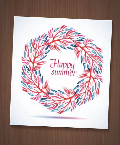 Happy Summer grinalda aquarela floral com papel flor de corte em tábuas de madeira —  Vetores de Stock