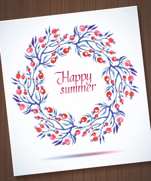 愉快的暑假水彩花圈用纸切花上木板贺卡背景 — 图库矢量图片