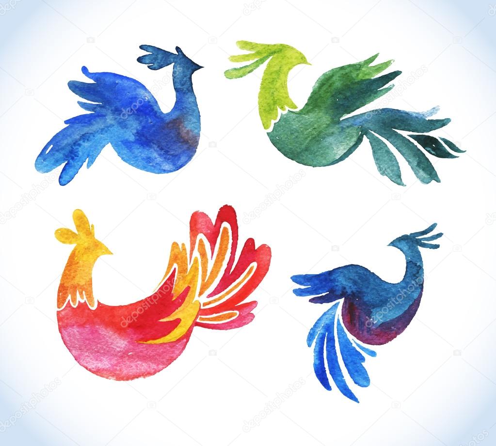 doodle vector watercolor bird set.Cute illustrations