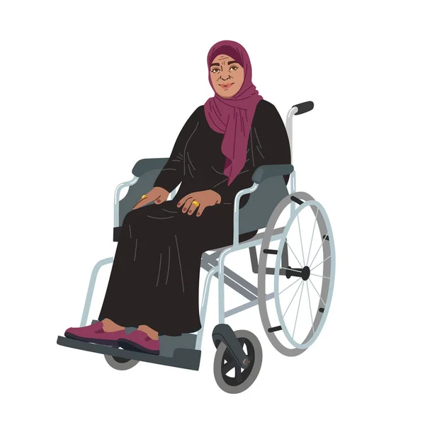 Na invalidním vozíku sedí stará Arabka v uzavřených šatech. zdravotní postižení a národnost — Stockový vektor