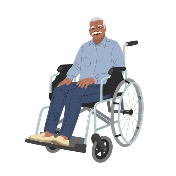 Starszy Indianin w niebieskiej koszuli i niebieskich spodniach siedzi na wózku inwalidzkim. Niepełnosprawność i niezależny przepływ — Wektor stockowy