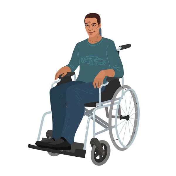 Um jovem branco com uma t-shirt e calças azuis está sentado em uma cadeira de rodas. Deficiência e movimento independente — Vetor de Stock