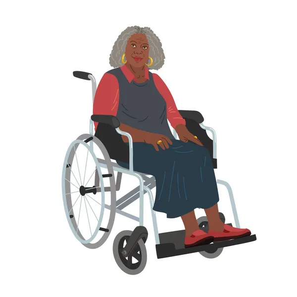 Una anciana afroamericana con una camisa roja está sentada en una silla de ruedas. Discapacidad y movimiento independiente Ilustraciones de stock libres de derechos