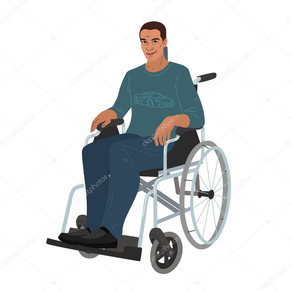 A young white man in a T-shirt and blue trousers is sitting in a wheelchair. Disability and independent movement