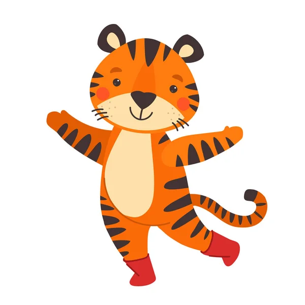 Tigre laranja bonito acenando com a pata. ilustração vetorial estilo cartoon. O animal é calçado em botas vermelhas — Vetor de Stock