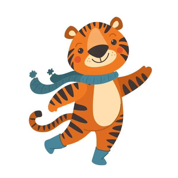 Lindo tigre naranja agitando su pata. vector ilustración estilo de dibujos animados. El anima en botas azules y bufanda Ilustración de stock