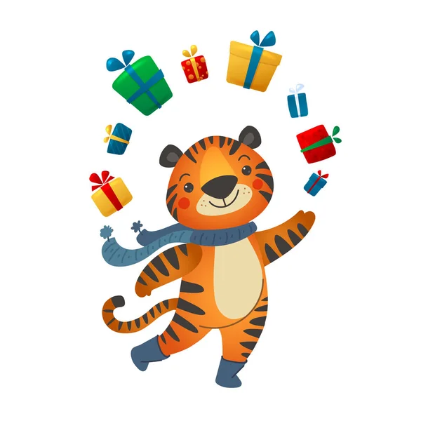 Feliz Año Nuevo Ilustración. Lindo tigre bailando con regalos. Tarjeta de Año Nuevo en un estilo plano. Símbolo chino de año nuevo. 2022 años — Archivo Imágenes Vectoriales