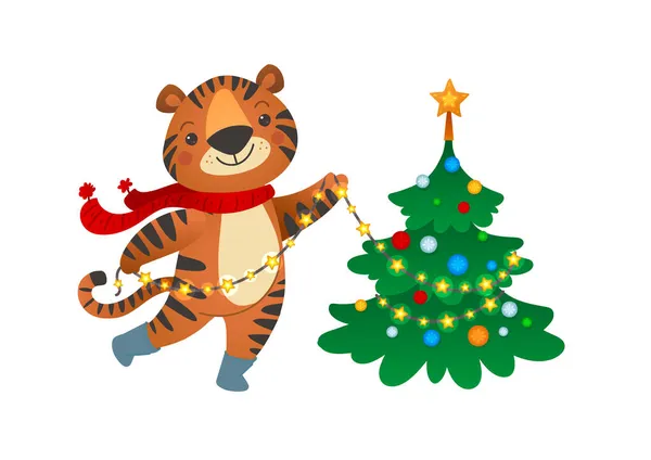 Happy New Year Illustration. Cute orange tiger decorating the Christmas tree. Christmas card flat style. Hand drawn vector illustration with Chinese new year symbol. 2022 year — Stock Vector