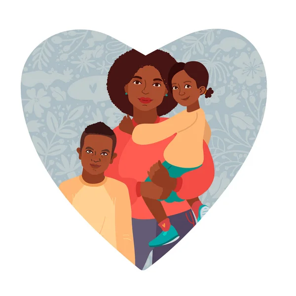 Mulheres da América Africana e filho e filha pequenos. Feliz Dia das Mães cartão de saudação. Eu amo-te, mãe. Jovem ilustração vetorial. Forma do coração e flores Doodle — Vetor de Stock