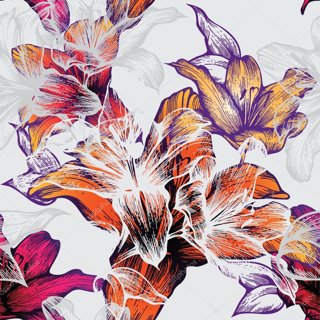 Seamless pattern with blooming lilies, hand-drawing. Vector illustration.