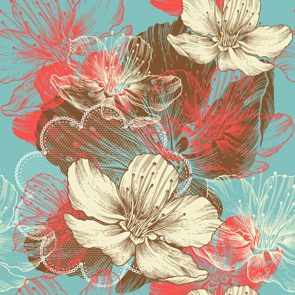 Fundo floral sem costura com flores maçã, desenho à mão, vetor . Vetores De Bancos De Imagens