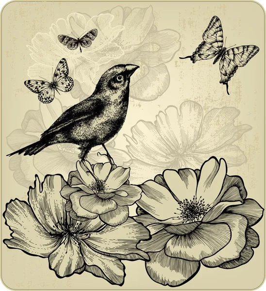 Hintergrund mit blühenden Rosen, Vögeln und fliegenden Schmetterlingen. Ich habe Vektorgrafiken