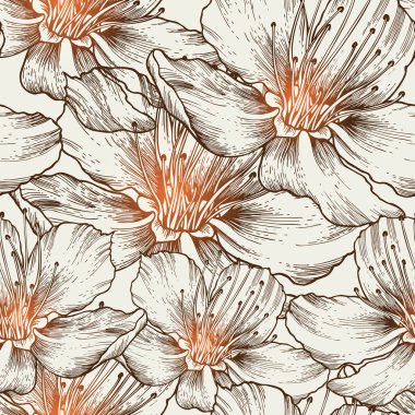 Glamorous seamless background with blooming flowers, hand drawin clipart